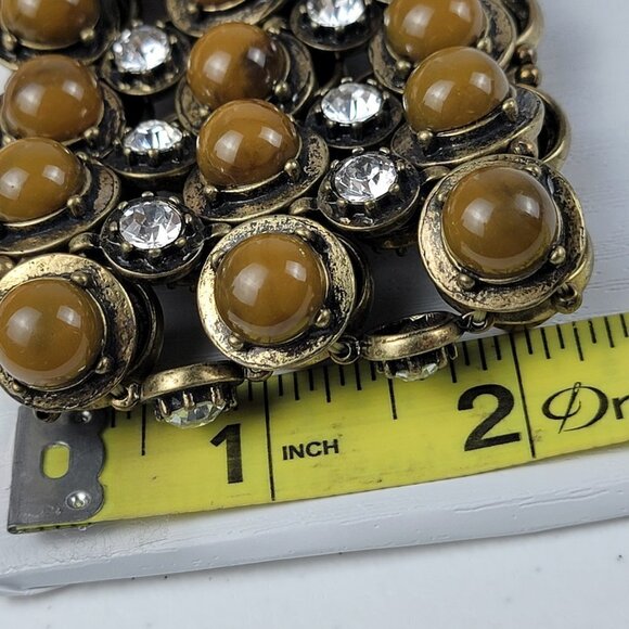 Brass-Tone Clear Rhinestones Brown Bead Statement Stretch Bracelet 6.5" - Picture 6 of 6